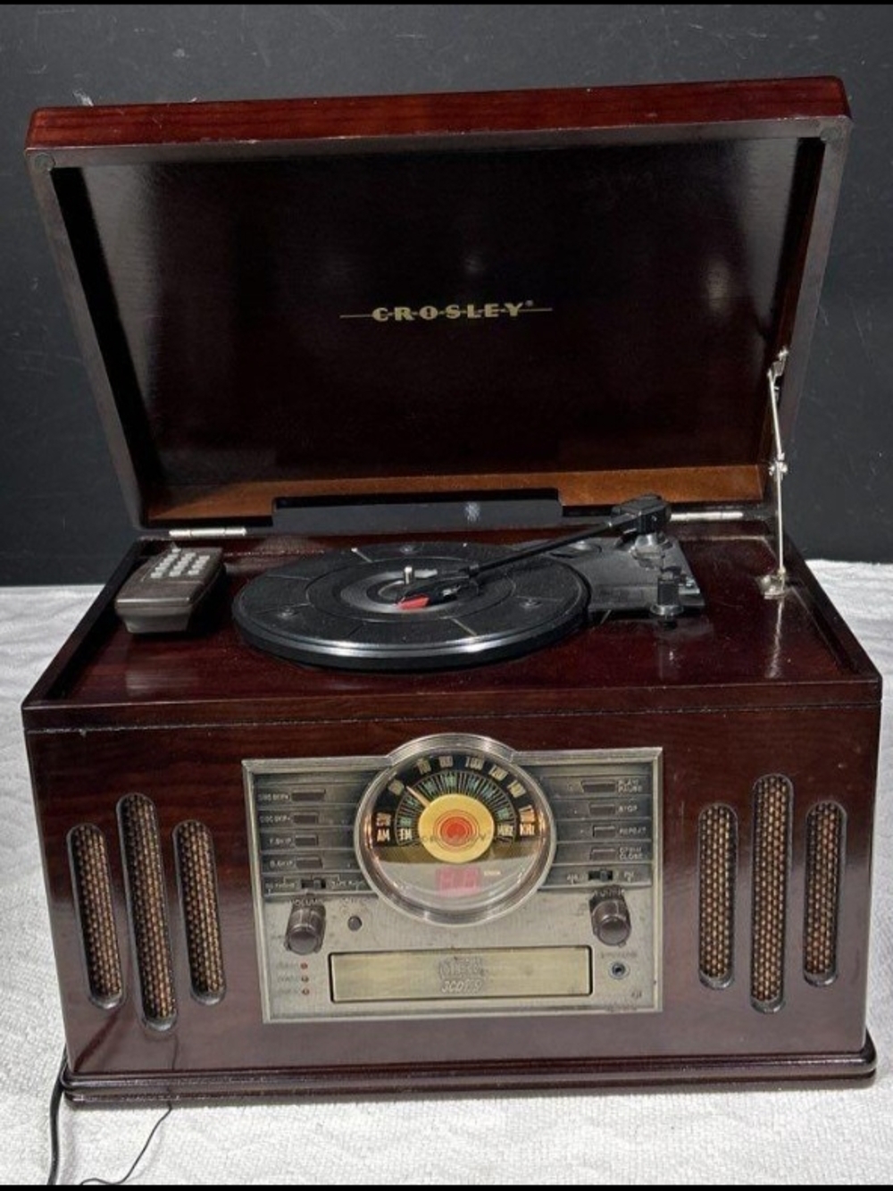 Crosley Vintage-Style Dark Mahogany Record Player and AM/FM Radio